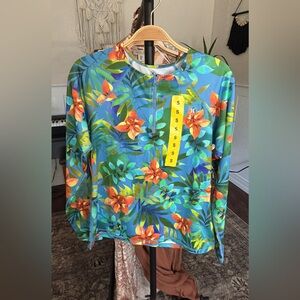 Hurley Blue and Green Long Sleeve Floral Patterned Rash Guard UV 50 Top